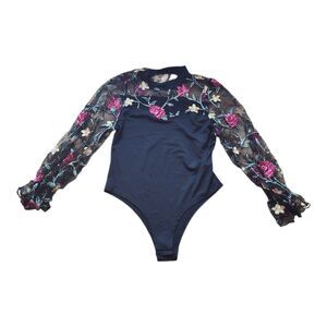 NWT SHEIN Lace Floral Bodysuit Black Embroidery Size 12 0XL
